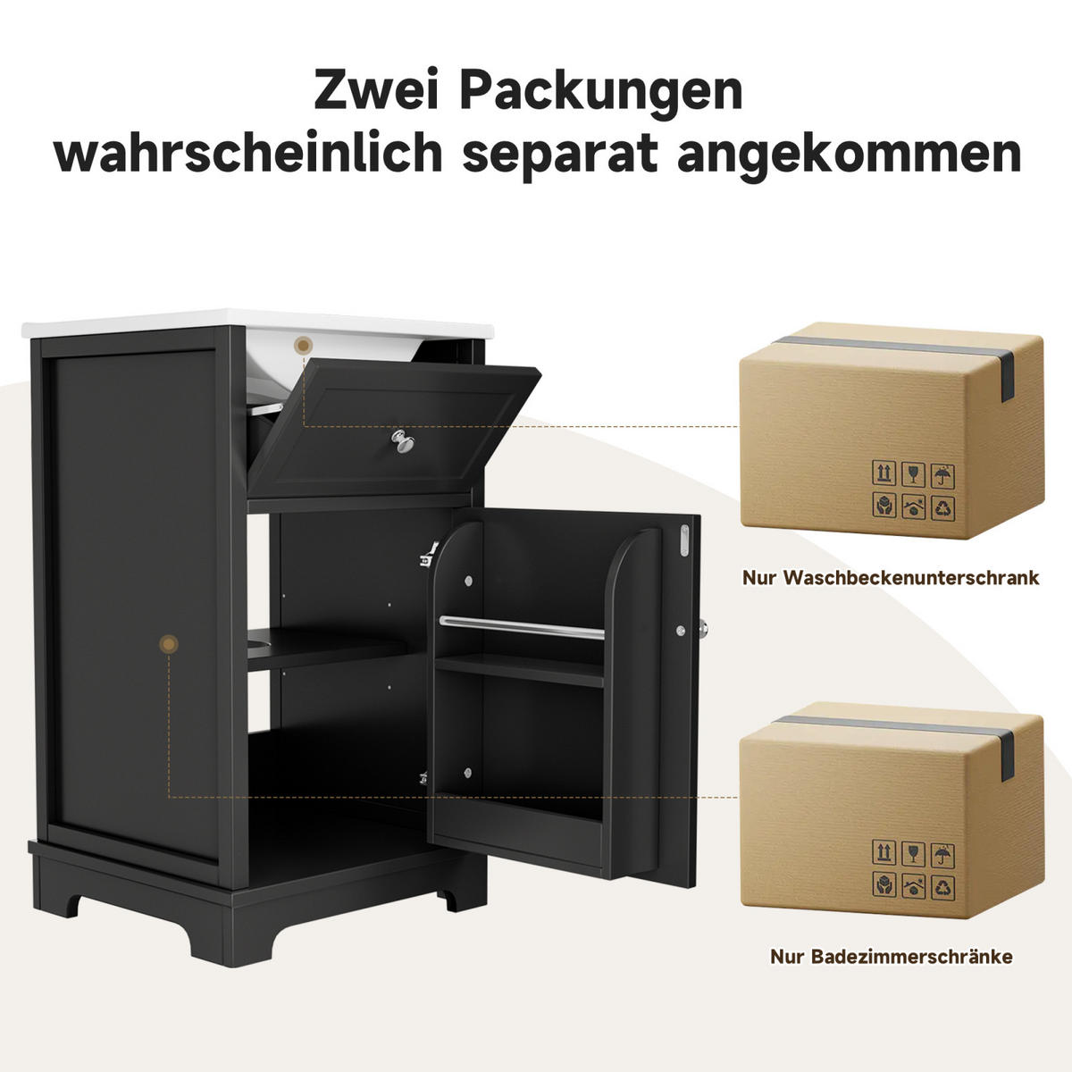 WASCHTISCH 51x46 cm Schwarz mit Keramikbecken Stauraum - Schwarz, Holz/Metall (51/87/46cm) - PARAFTA HOME