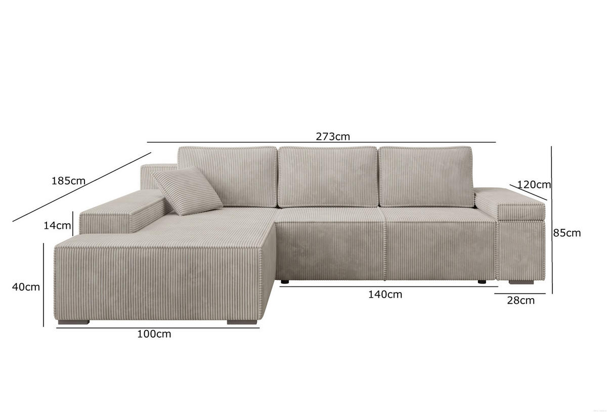 ECKSOFA Milo mit Schlaffunktion und Bettkasten, Couch L-Form, Cord-Stoff, 273x85x185 cm, Beige - Beige, Holz (185/273cm) - PROMETO Möbel