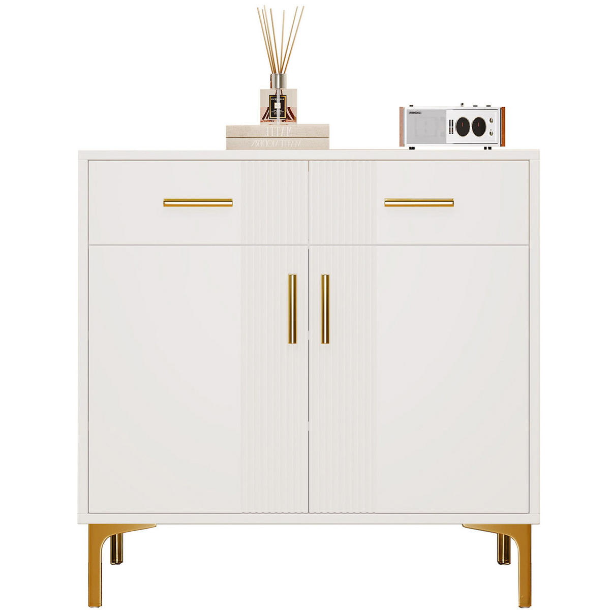 SIDEBOARD aus MDF 35x80x79,5 cm Weiß mit 2 Türen und 2 Schubladen, Wellenfront und Kippsicherung - Weiß, Holzwerkstoff (80/79.5/35cm) - Modfu