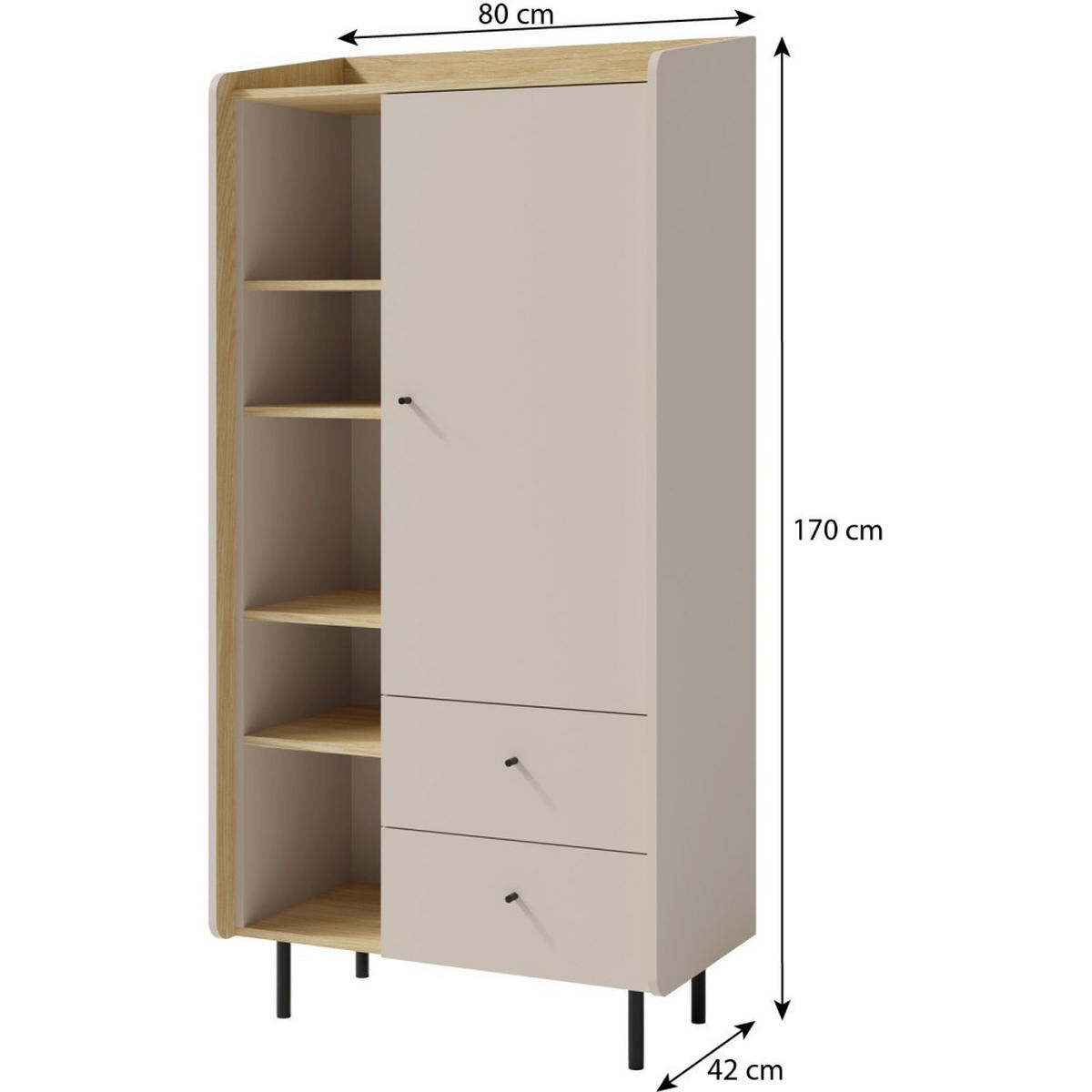 BÜCHERREGAL Alex mit 1 Tür und 2 Schubladen, Beige Sand - Beige/Schwarz, Holzwerkstoff (80/170/42cm) - Beautysofa