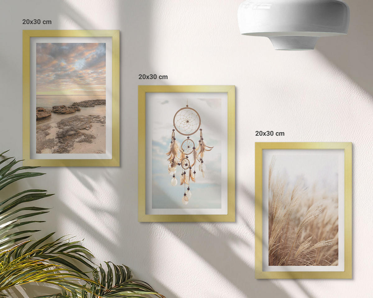 BILDER SET 3er Set - 20x30 cm Goldrahmen - Wolkenmeer, Traumfänger, Gras - Goldfarben, Kunststoff (20/30cm) - TULUP