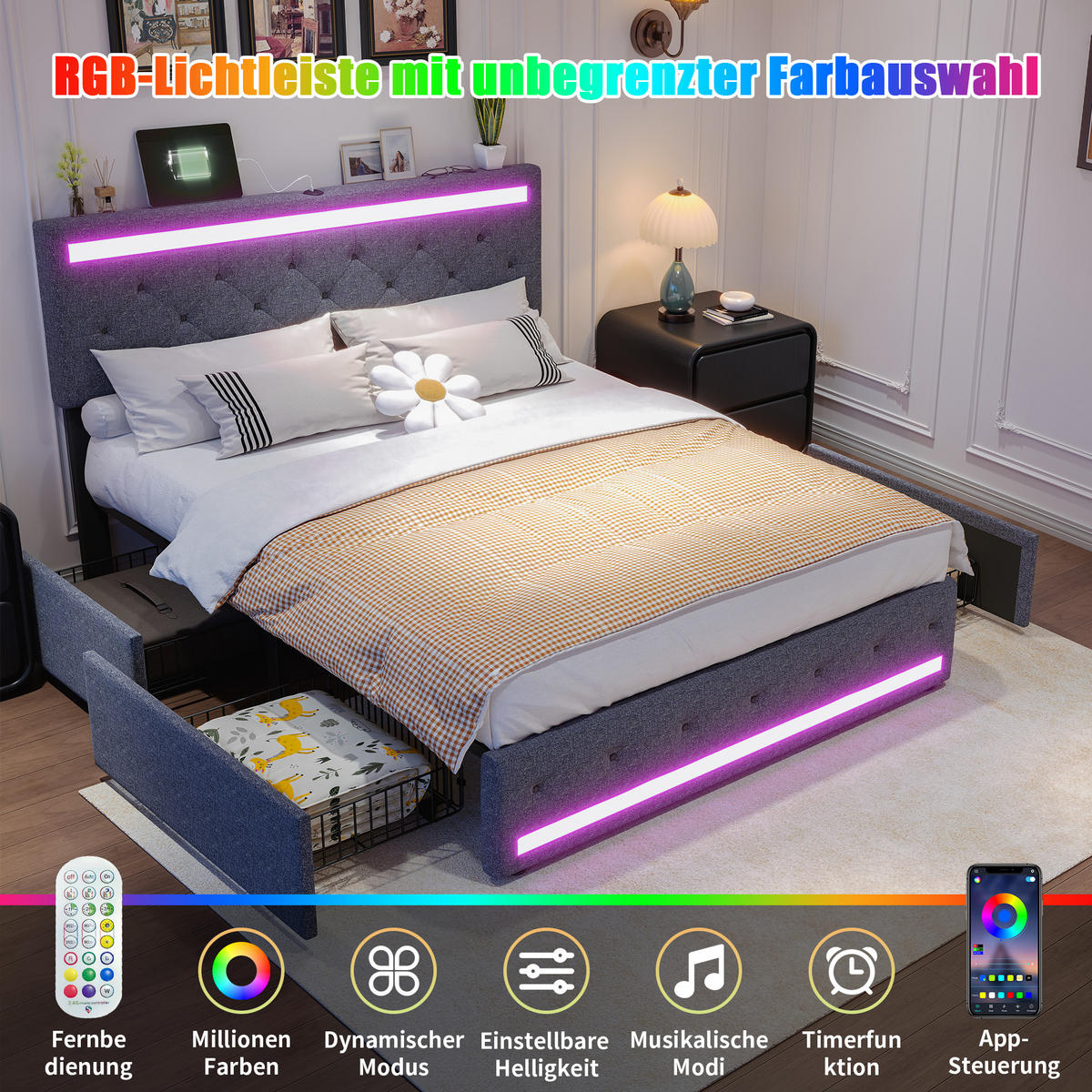 POLSTERBETT 180/200 cm, in Grau Leinenoptik Stoff, Bettkasten, Gepolstertes Kopfteil mit LED-Beleuchtung USB, 4 Metall-Stauraumschubladen - Dunkelgrau, Textil/Metall (180/200cm) - BPKADHY