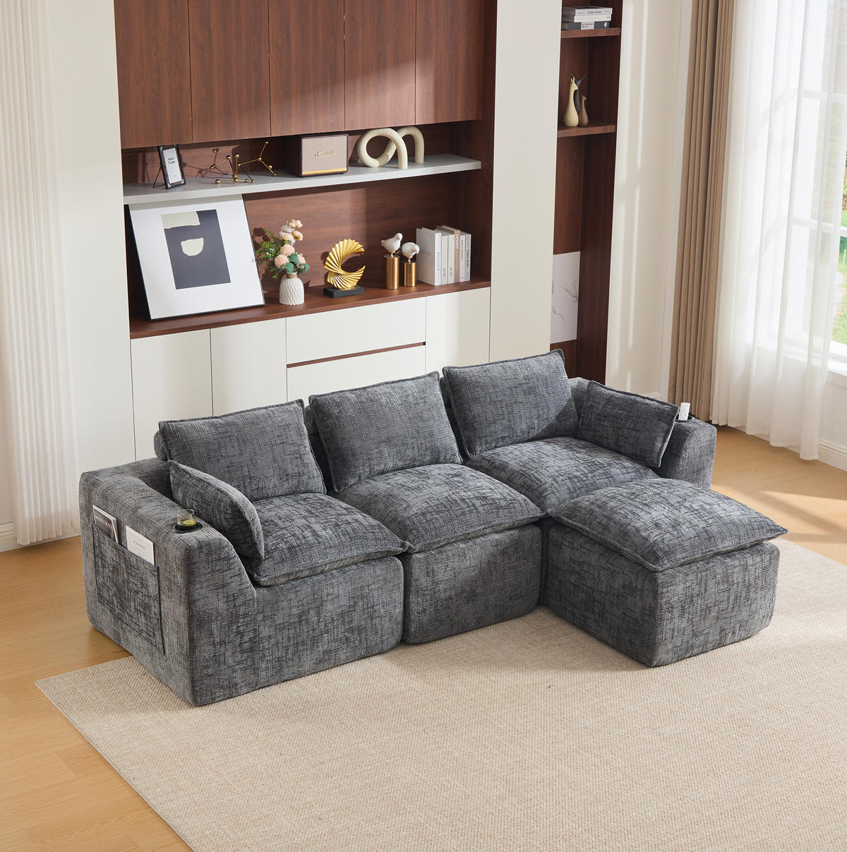 SOFA modulares 3-Sitzer mit Hocker 256 x 161 cm Chenille Dark Gray - Dunkelgrau, Holzwerkstoff (161/256cm) - Meubliv