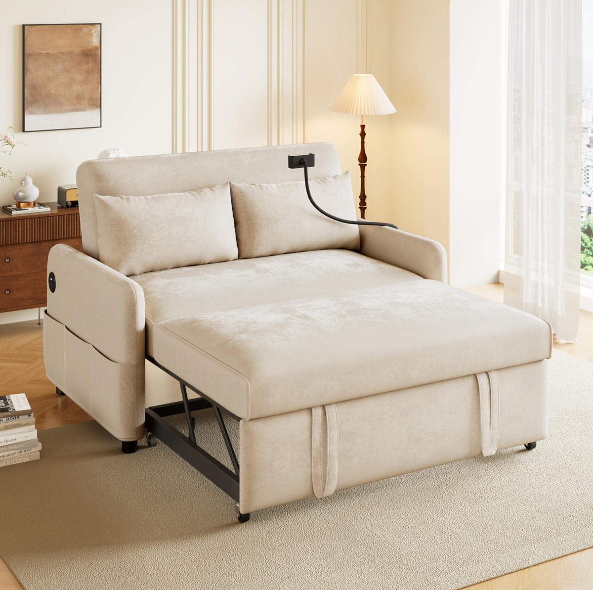 SCHLAFSOFA Doppel Klappbares mit verstellbarer Rückenlehne und USB-Anschluss Chenille Beige 129/163/81 cm - Beige, Textil (129/81/76cm) - OKWISH
