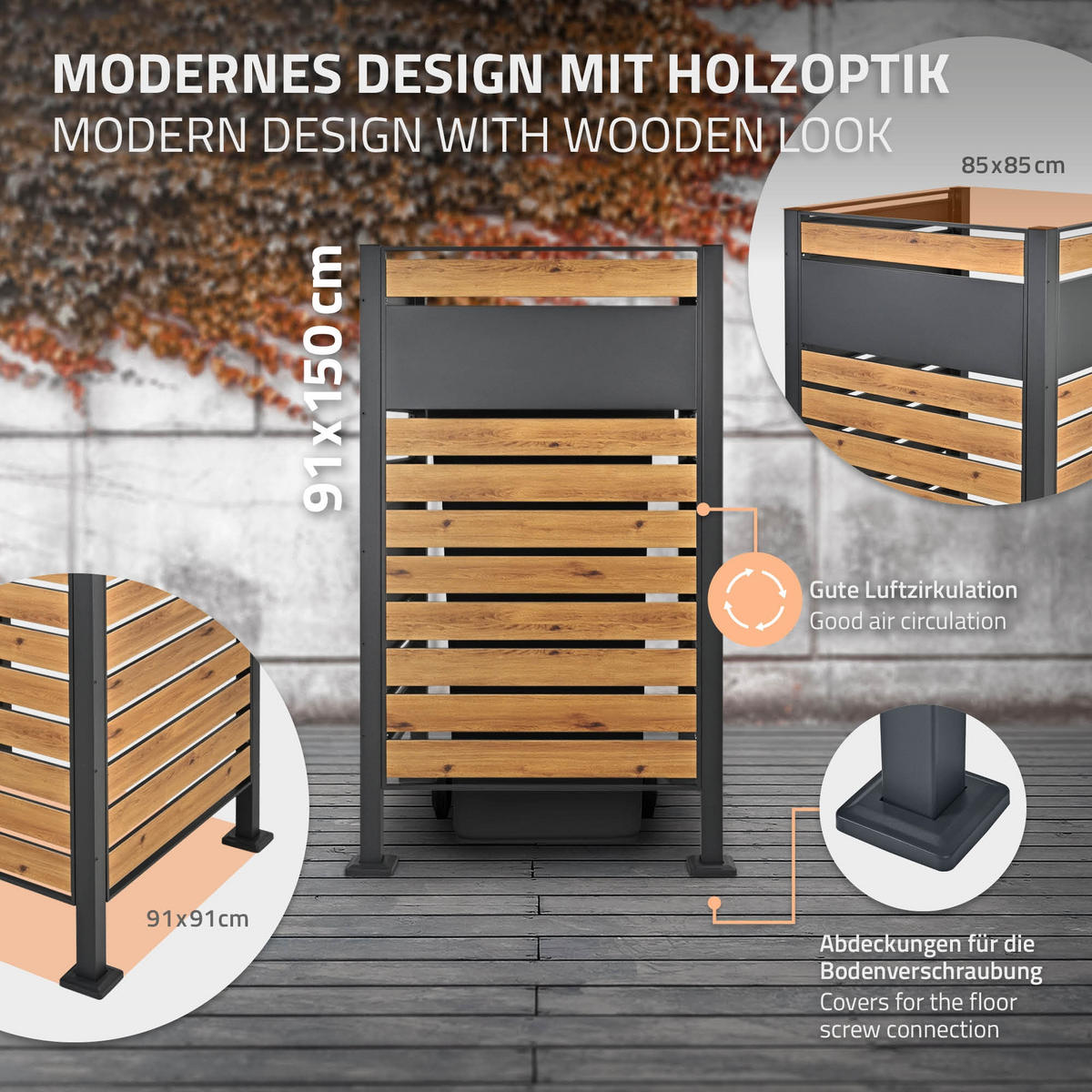 MÜLLTONNENZAUN 1er Anthrazit-Holzoptik - Multicolor, Metall (11/150/86cm) - ML-DESIGN
