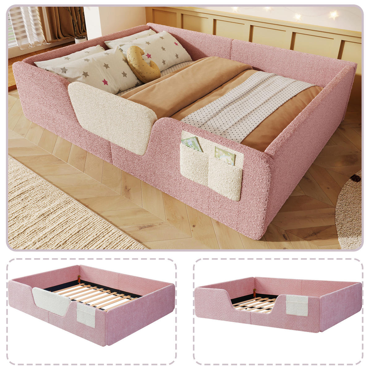 KINDERBETT 140/190 cm in Rosa mit abnehmbaren Seitengittern und Stofftasche Samt - Rosa, Holzwerkstoff/Textil (140/190cm) - STILVORA