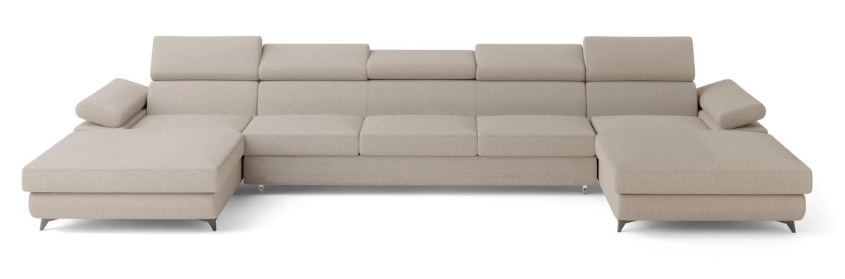 WOHNLANDSCHAFT VIVENTE Beige Boucle-Stoff mit Schlaffunktion - Beige, Holz (410/89/190cm) - MASSENO