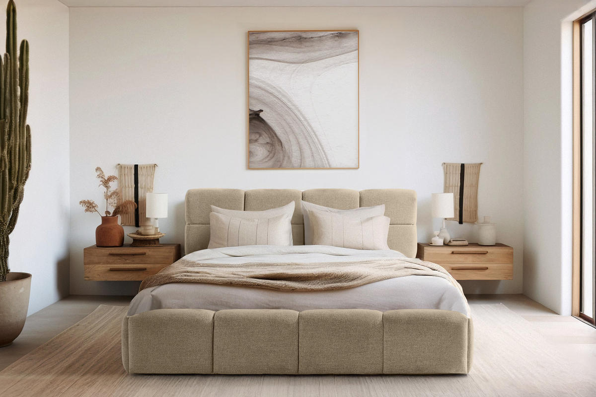 POLSTERBETT AERI 140/160/180/200 mit Rahmen und Bettkasten, beige - Beige, Holz/Holzwerkstoff (140/200cm) - KONSIMO®