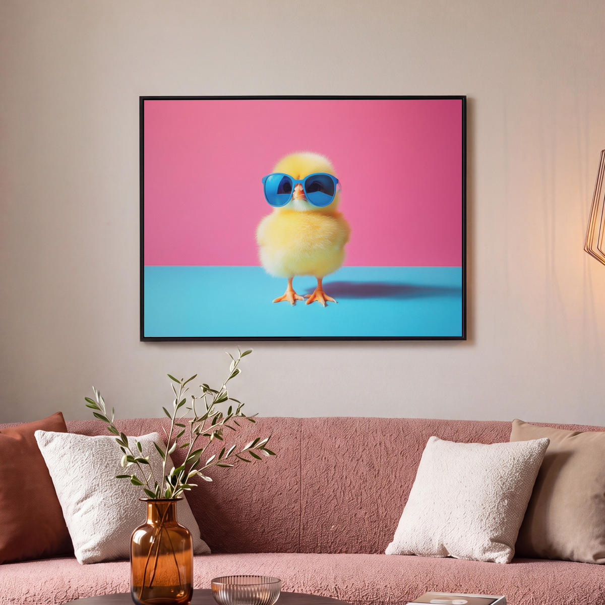 LEINWAND Bilder mit Rahmen - Chick - Sonnenbrille - Blau - 80x60 - Pink, Textil (80/60cm) - MuchoWow