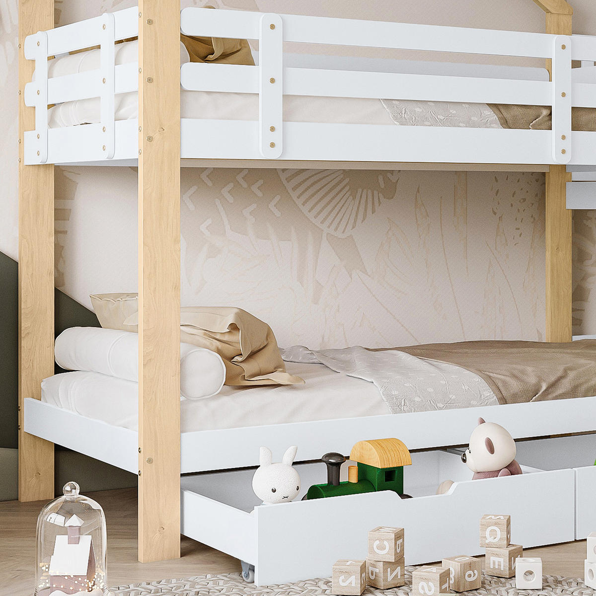 PATROVÁ postel 90/200 cm bílá a přírodní z masivu a MDF se skluzavkou a úložnými zásuvkami - bílá, dřevo (90/200cm) - OKWISH
