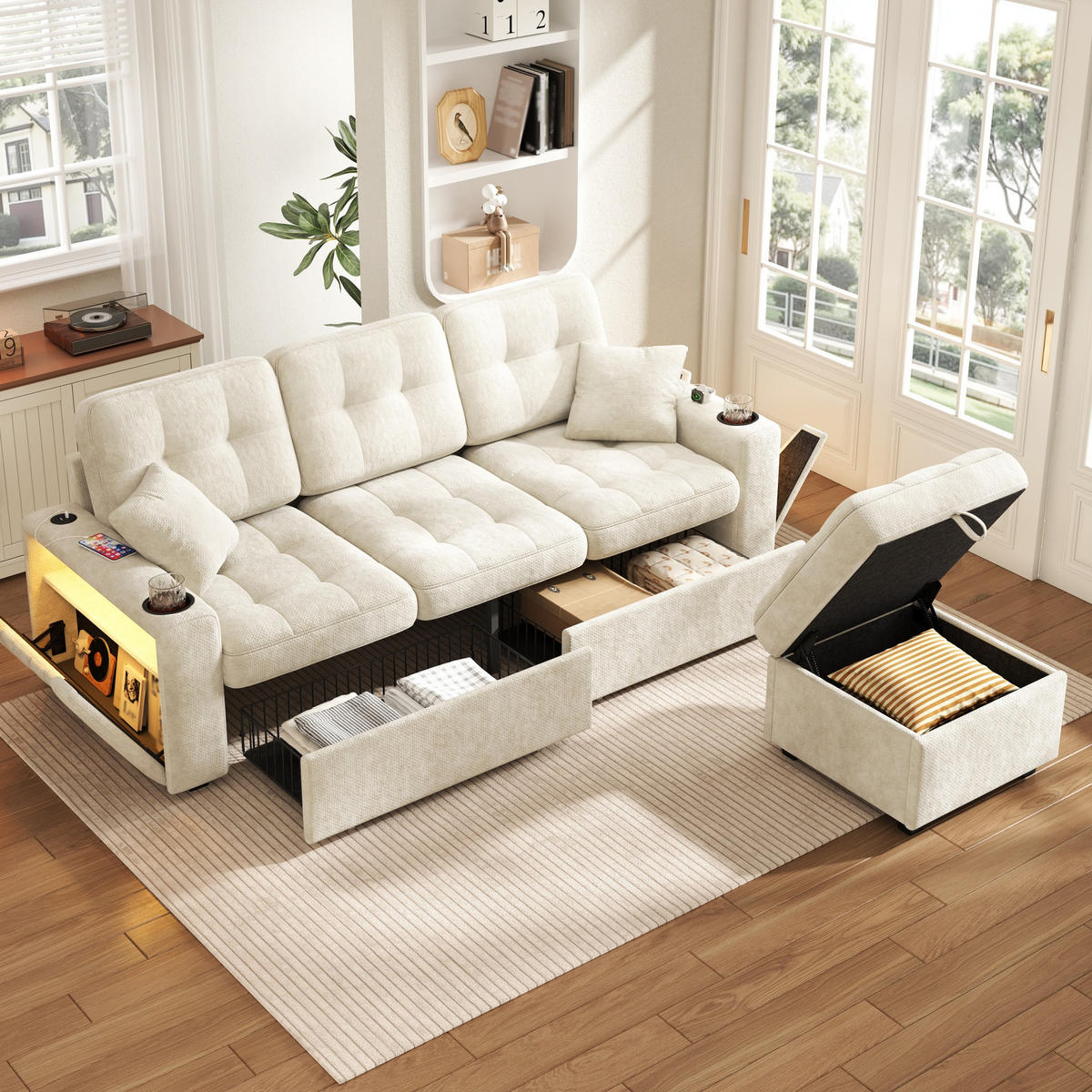BIGSOFA mit Stauraum-Hocker, USB-C, LED, Becherhaltern und Schubladen aus Chenille - Beige, Textil (194.5/83/133cm) - EVRYAE