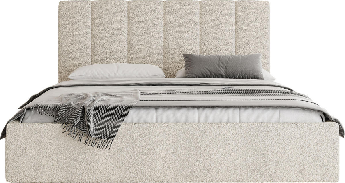 POLSTERBETT Amira Slim mit Bettkasten, Creme Boucle 200x200 cm - Birkefarben/Schwarz, Holz/Holzwerkstoff (200/200cm) - WFL GROUP
