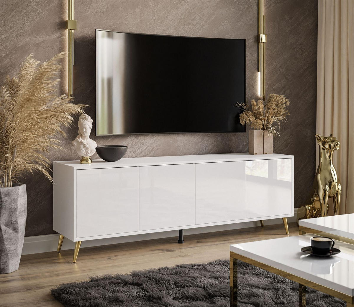 TV-ELEMENT SANAYI auf goldenen Beinen Hochglanz Weiß - Weiß, Holzwerkstoff (156/54/38cm) - Lookway