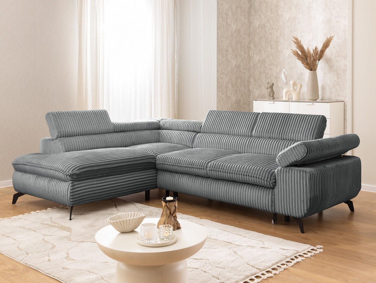 ECKSOFA mit Schlaffunktion und Bettkasten Bonnie aus Grau Cord-Stoff mit verstellbaren Kopfstützen und Armlehne - Ottomane links - Schwarz/Grau, Holz/Textil (275/210cm) - S-Style Möbel
