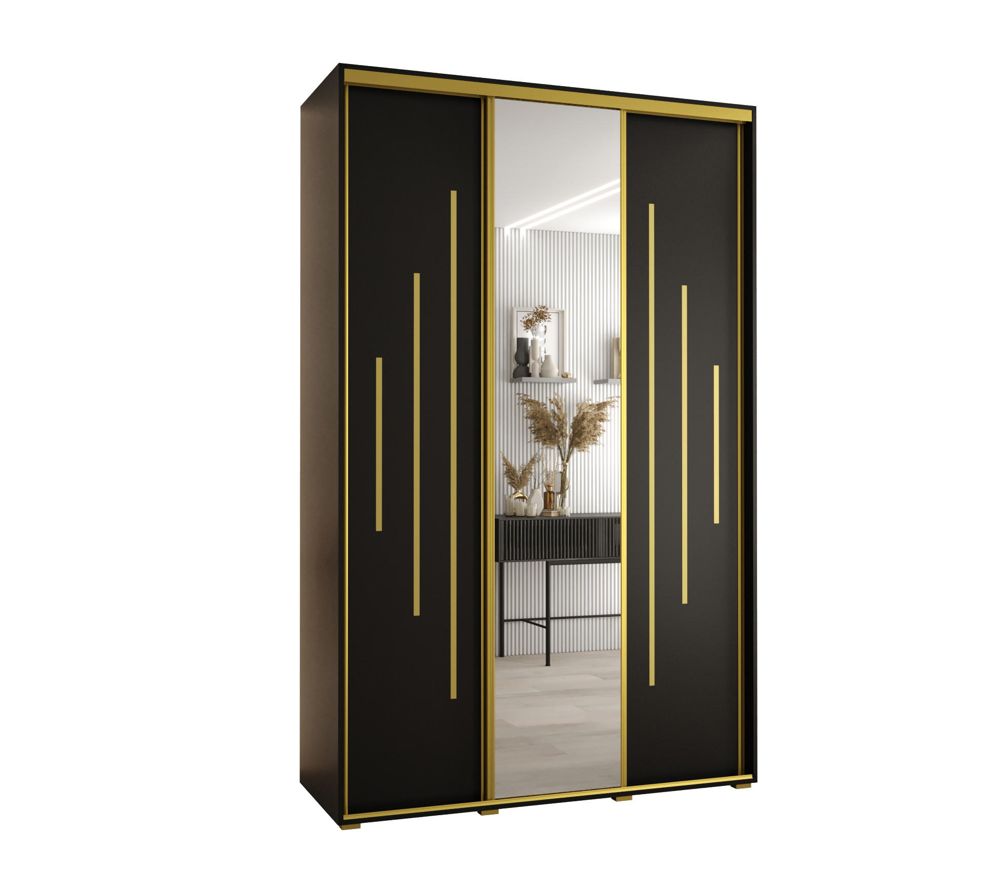 SCHWEBETÜRENSCHRANK 235,2/150/60 3-türig - Goldfarben/Schwarz, Holz/Metall (150/235/60cm) - Abiks Möbel