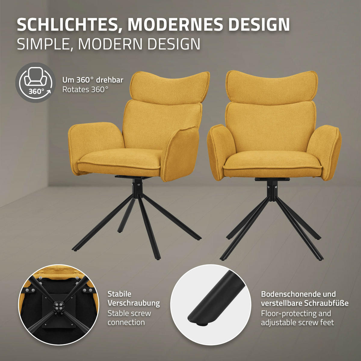 JÍDELNÍ ŽIDLE, sada 6 ks, otočné, hořčičná, s látkovým potahem - černá/žlutá, kov/textil (63/89/68cm) - ML-DESIGN
