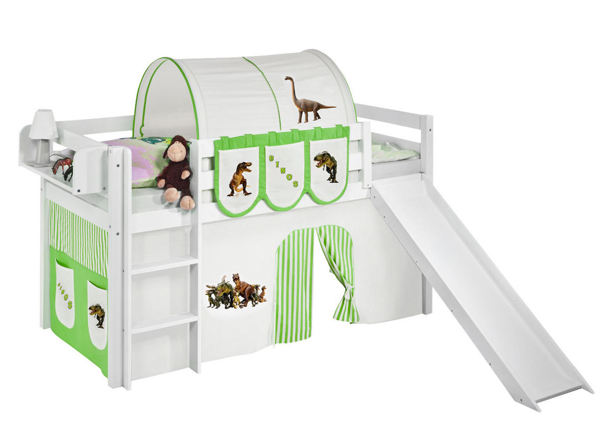 SPIELBETT JELLE Dinos Grün Beige - Hochbett - mit Rutsche und Vorhang - Weiß, Holz - Lilokids