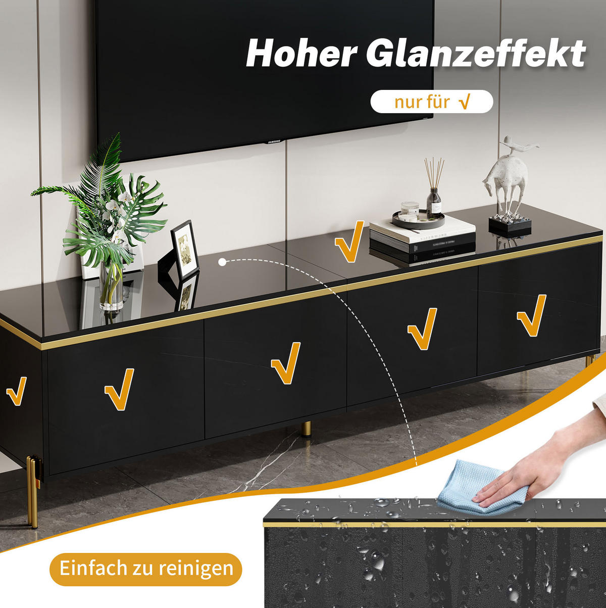 LOWBOARD 170/38/50 cm aus Spanplatte mit Hochglanzfront und Kabeldurchführung Schwarz - Schwarz, Holzwerkstoff (170/50/38cm) - Modenvie