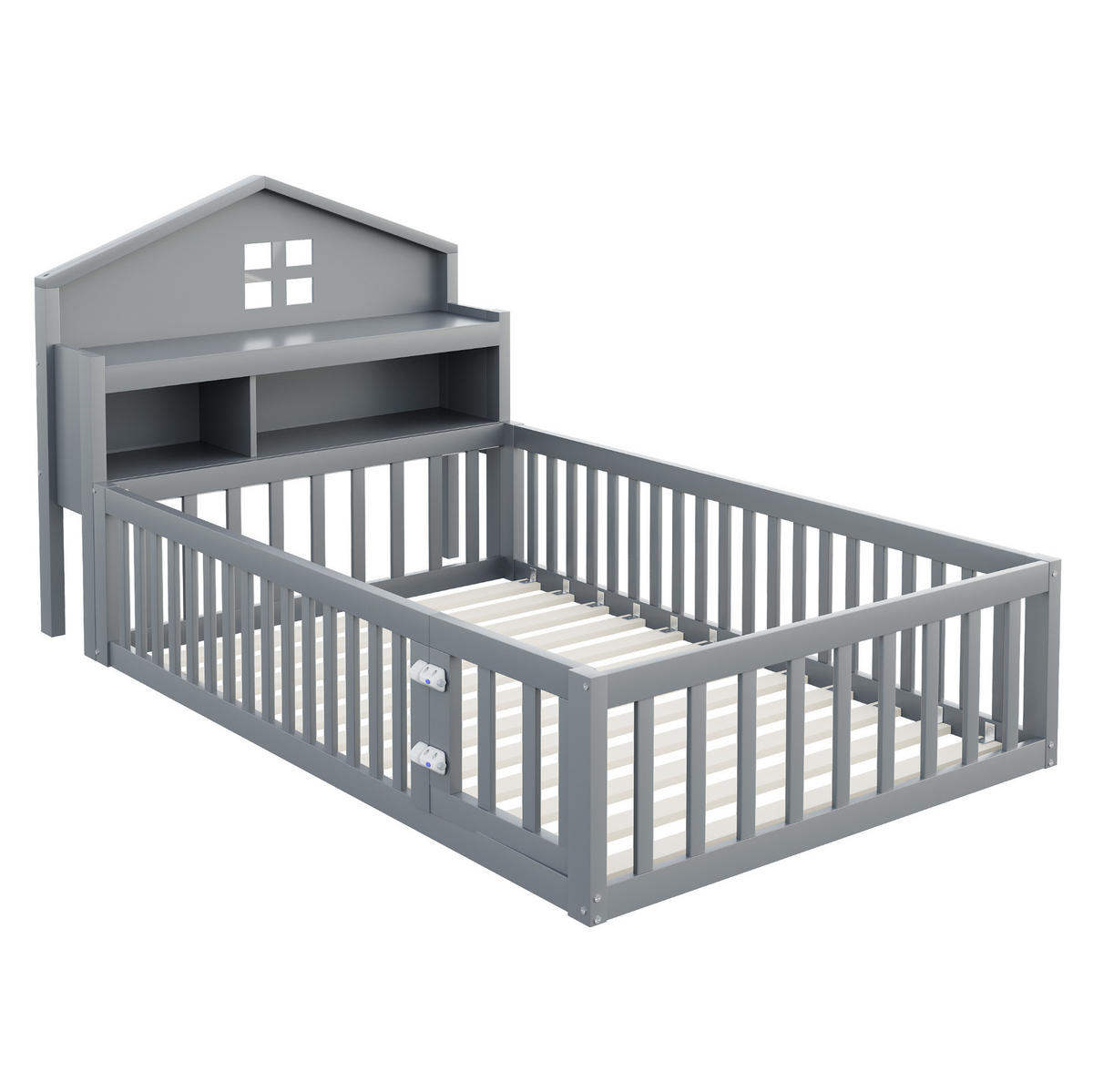 KINDERBETT in Hausform 90x200 cm Massivholz Grau mit Stauraum - Grau, Holzwerkstoff (90/200cm) - Beauniv