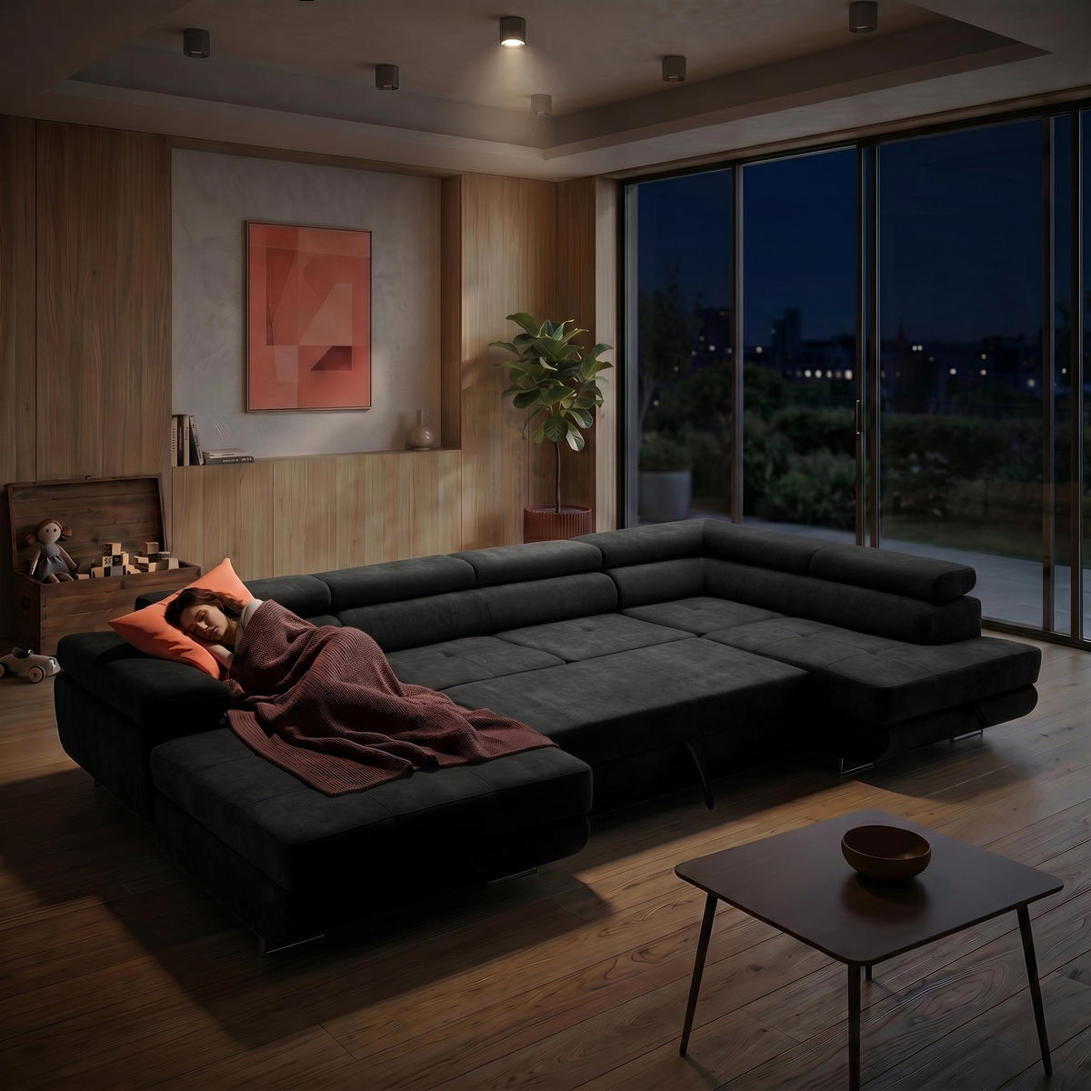 ECKSOFA U-Form WILD U Rechts mit Schlaffunktion 130x260 Chenille Schwarz - Silberfarben/Schwarz, Holz/Textil (203/90/350cm) - Muffo