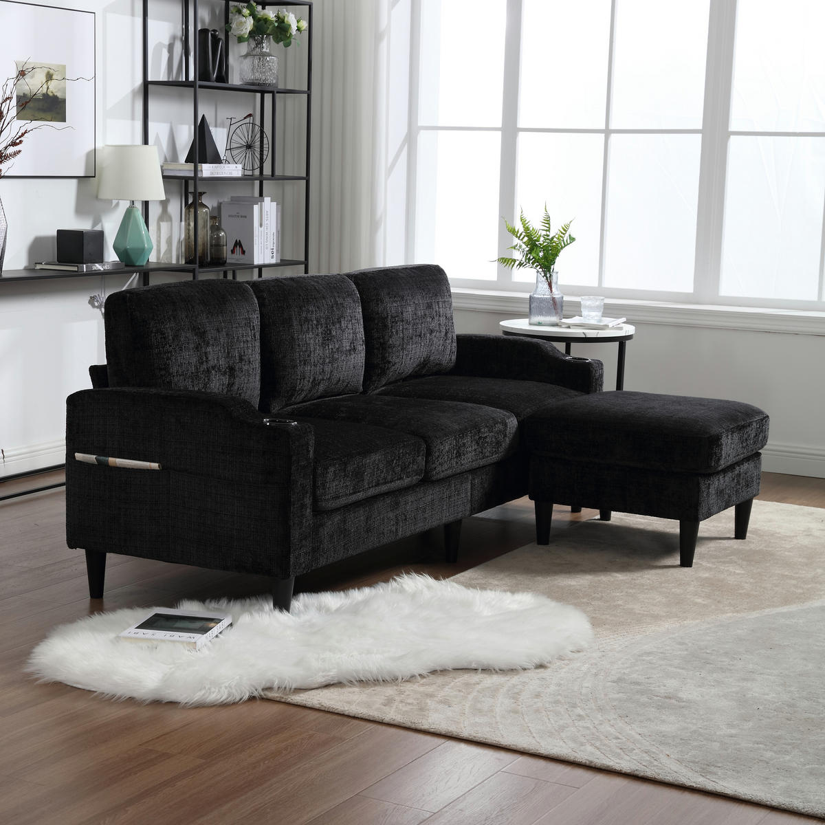 ECKSOFA 163/121/66 cm Schwarz mit 1 Aufbewahrungshocker, Aufbewahrungstasche und Getränkehalter - Schwarz, Textil (196.5/75cm) - Oxeza