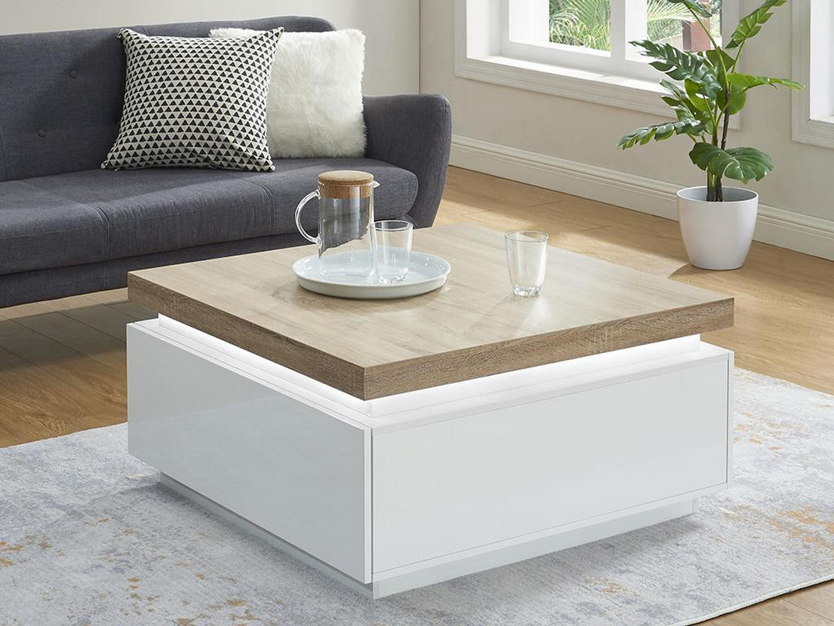 COUCHTISCH mit 2 Schubladen & LEDs - MDF lackiert - Weiß & Eichefarben - HALO II - Naturfarben, Holz (90/90/45cm) - Vente-Unique