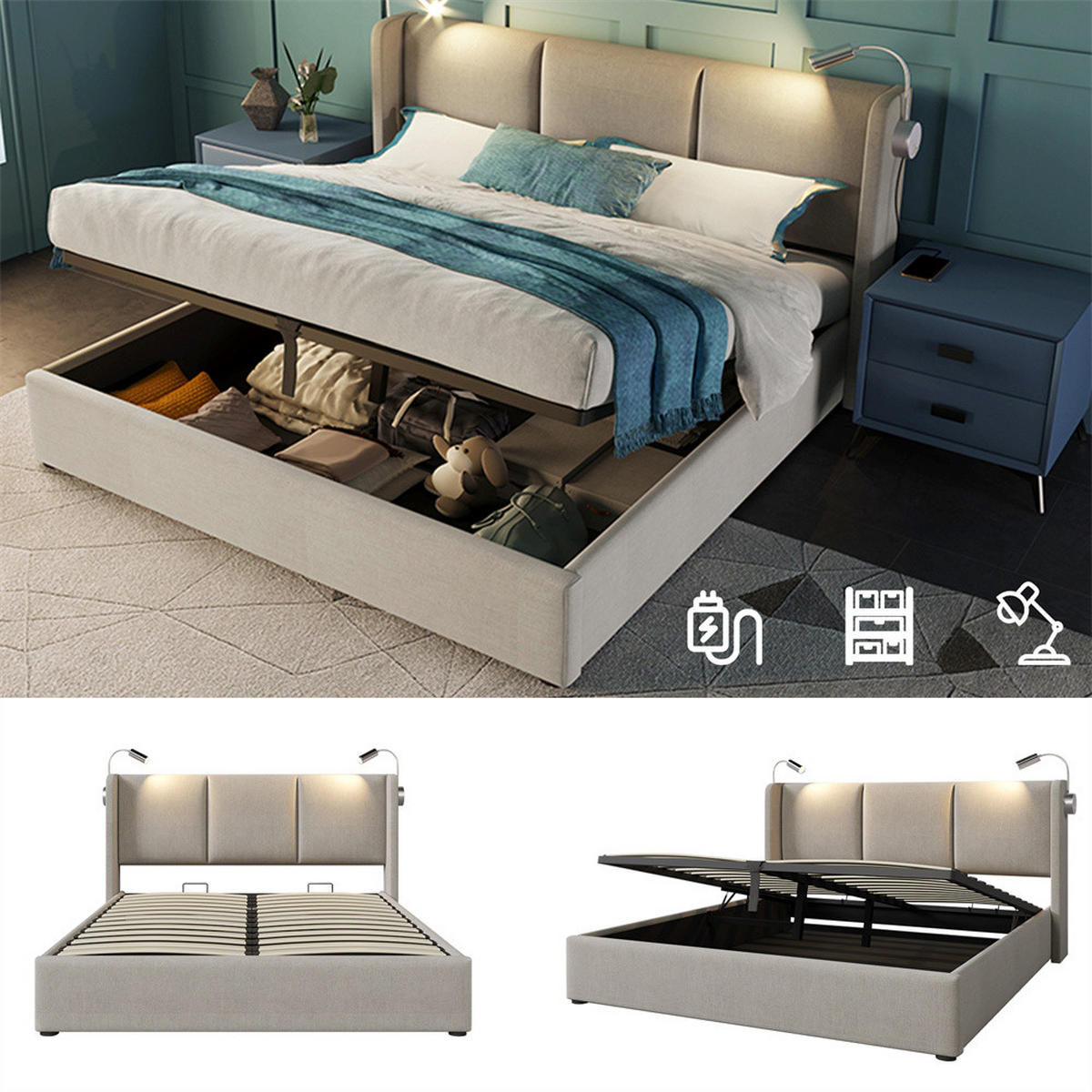 POLSTERBETT 140/200 cm in Beige Leinen mit mit USB Ladefunktion Kopfteil - Beige, Holz/Textil (140/200cm) - KOMHTOM
