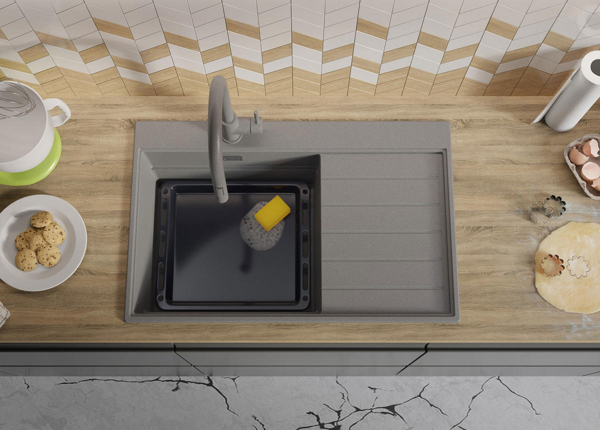 SPÜLBECKEN Sydney, 2-er set Grau 78/50 cm 1 Becken + Ablauf-Set + Küchenzubehörset ab 50er Unterschrank - Chromfarben/Beige, Kunststoff (78/20/50cm) - Primagran