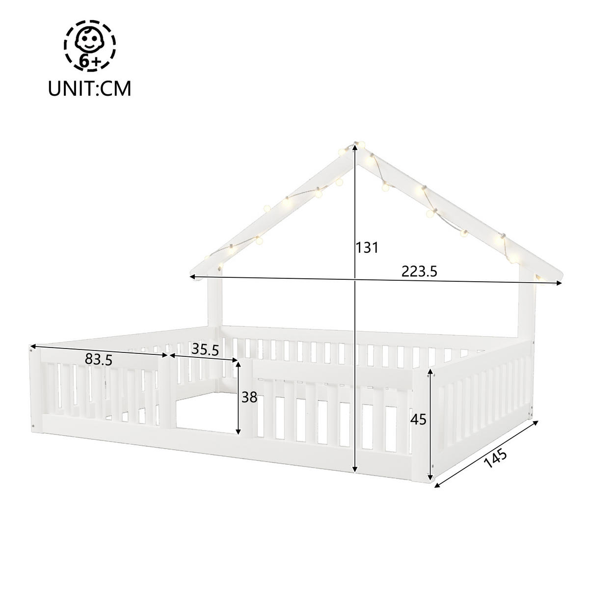 KINDERBETT 140/200 cm in Weiß mit LED und Sicherheitsgitter aus Holz im Hausdesign - Weiß, Holzwerkstoff (140/200cm) - STILVORA
