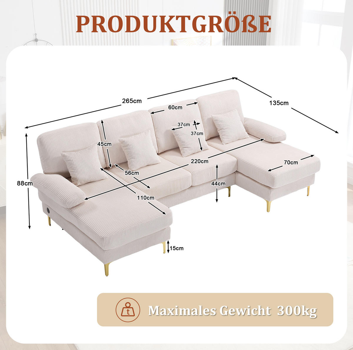 WOHNLANDSCHAFT 265/135/88 cm in Beige mit LED-Beleuchtung und USB-Anschluss - Beige, Textil (135/88/265cm) - Flora Grace