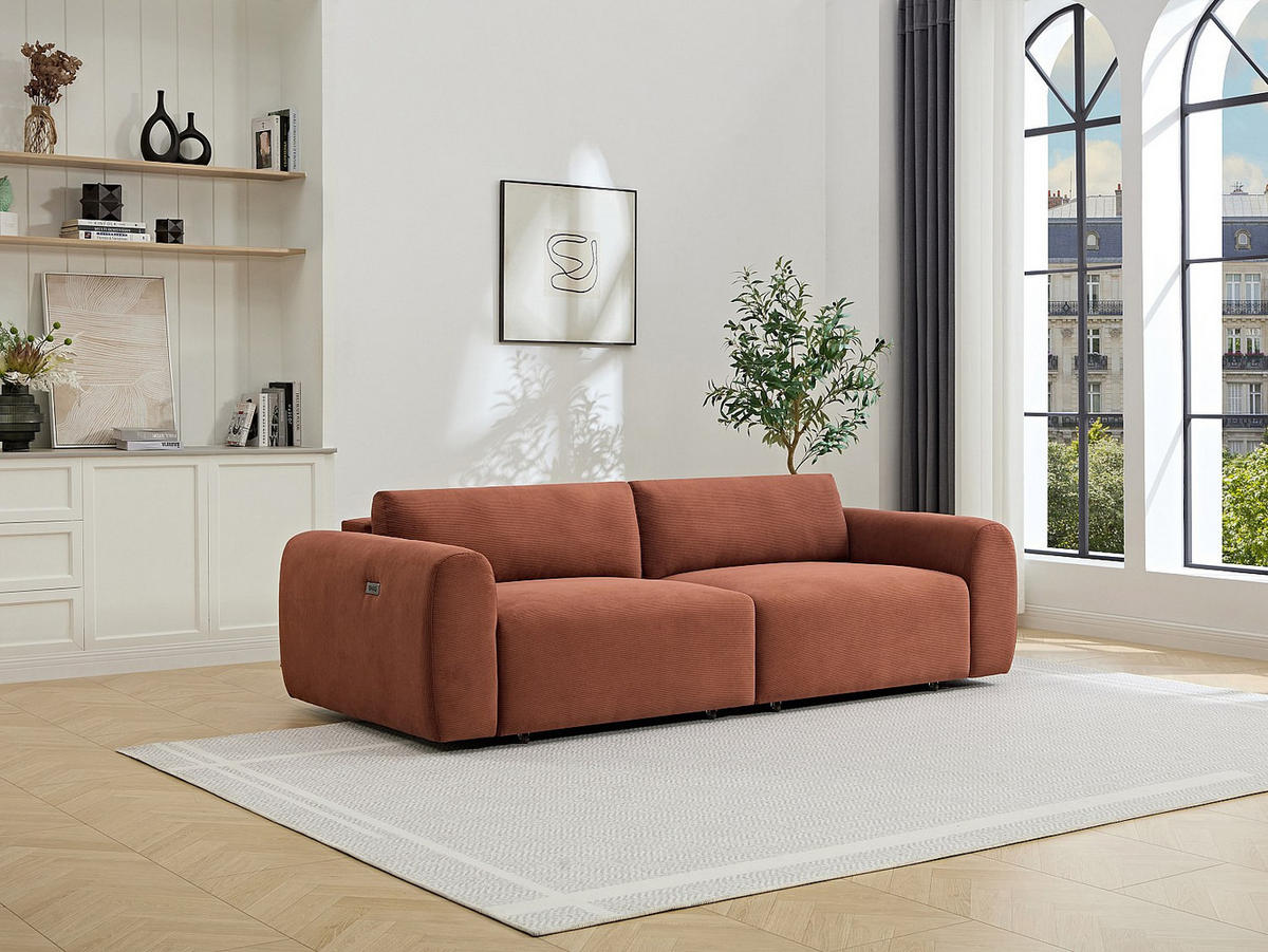 SOFA 4-Sitzer mit elektrisch ausziehbarer Sitzfläche – Feincord-Samt Terrakotta – PASTARO - Braun, Textil (242/75/109cm) - Vente-Unique
