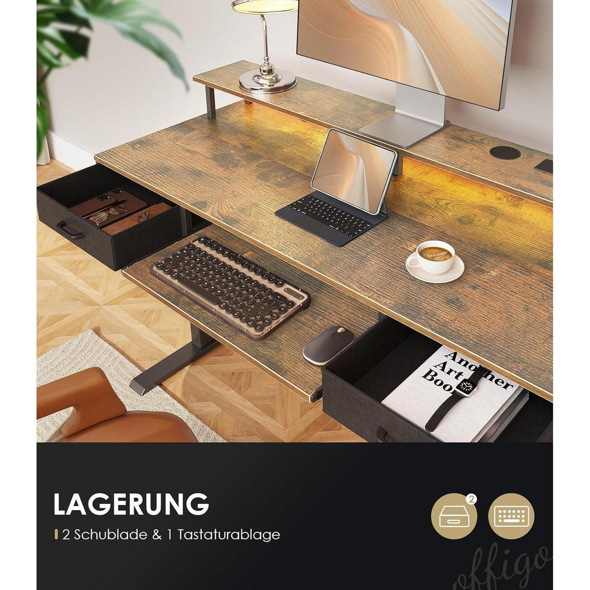 SCHREIBTISCH Höhenverstellbar Elektrisch 120 cm Braun mit Schubladen und LED-Lichtleiste - Braun, Holzwerkstoff (54/120/78.5cm)