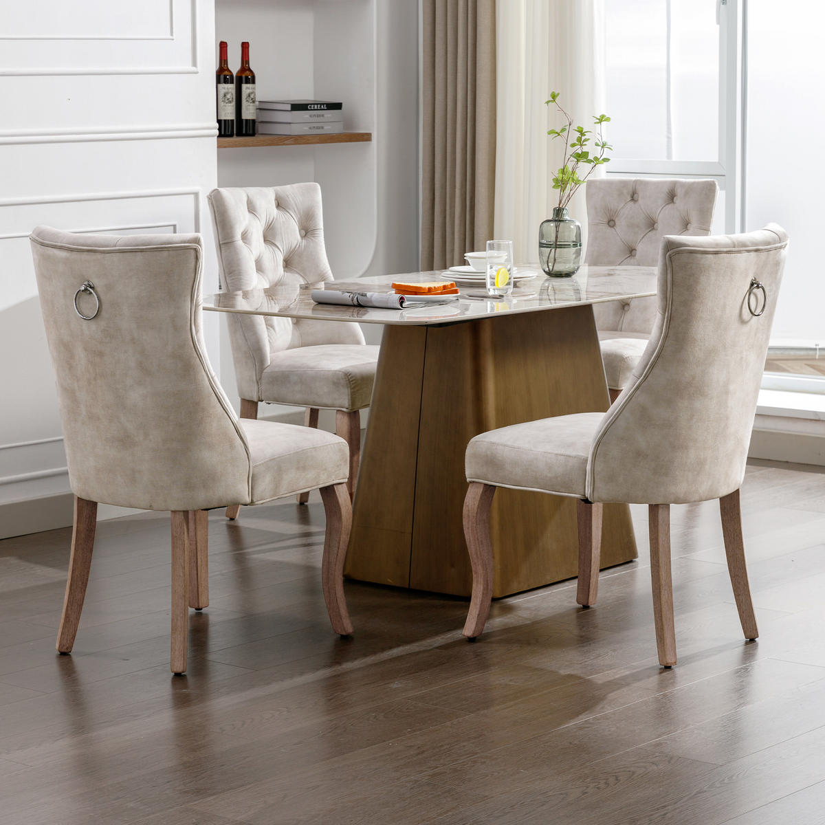 STUHL-SET DE-36945 4 Stück mit hoher Rückenlehne und Knopfsteppung Hellbeige - Creme, Holz (51/97/47cm) - ComfortXL