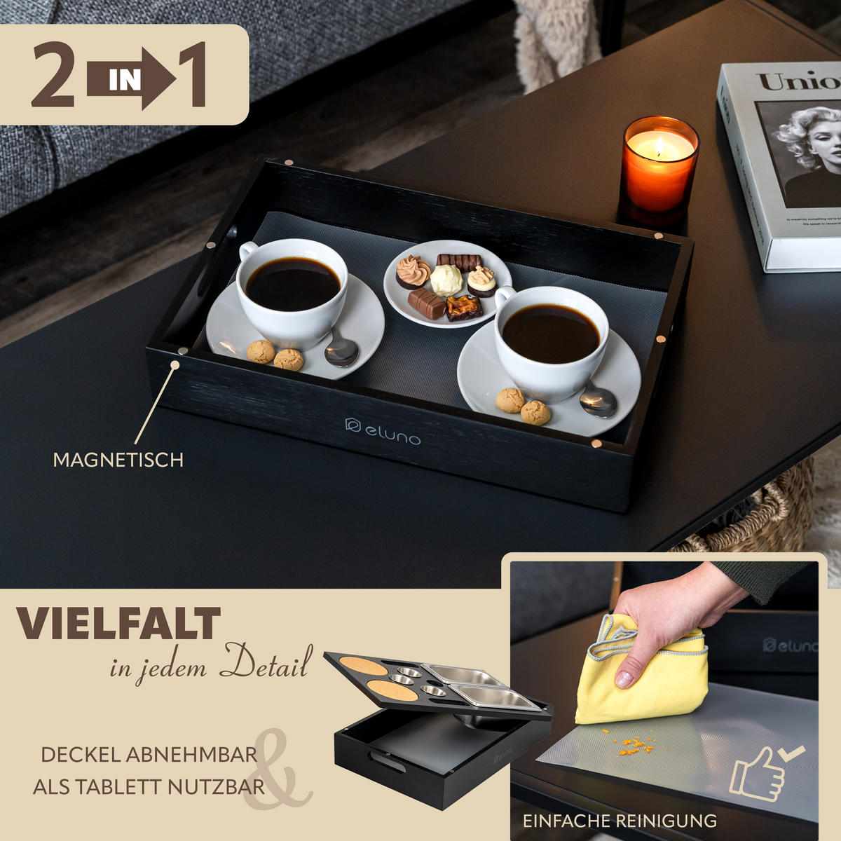 COUCHBAR mit abnehmbarem Deckel, Bambus, schwarz - Schwarz, Holz (26/8/40cm) - eluno