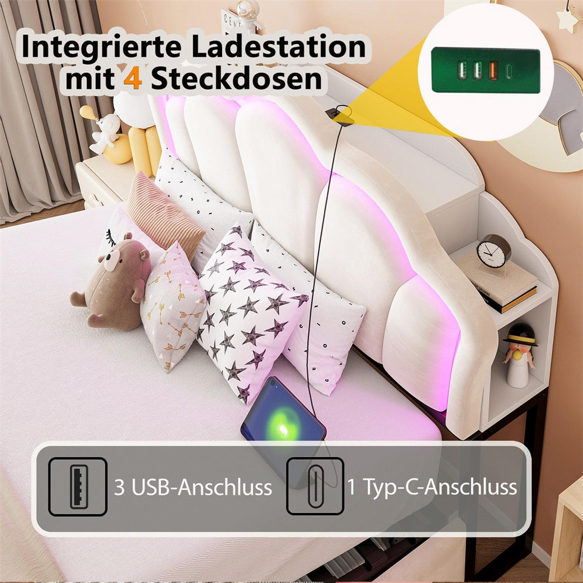 POLSTERBETT 140x200 cm mit hydraulischem Stauraum - LED Beleuchtung & Ladeanschluss - Beige - ohne Matratze - Beige, Textil (140/200cm) - DELFA