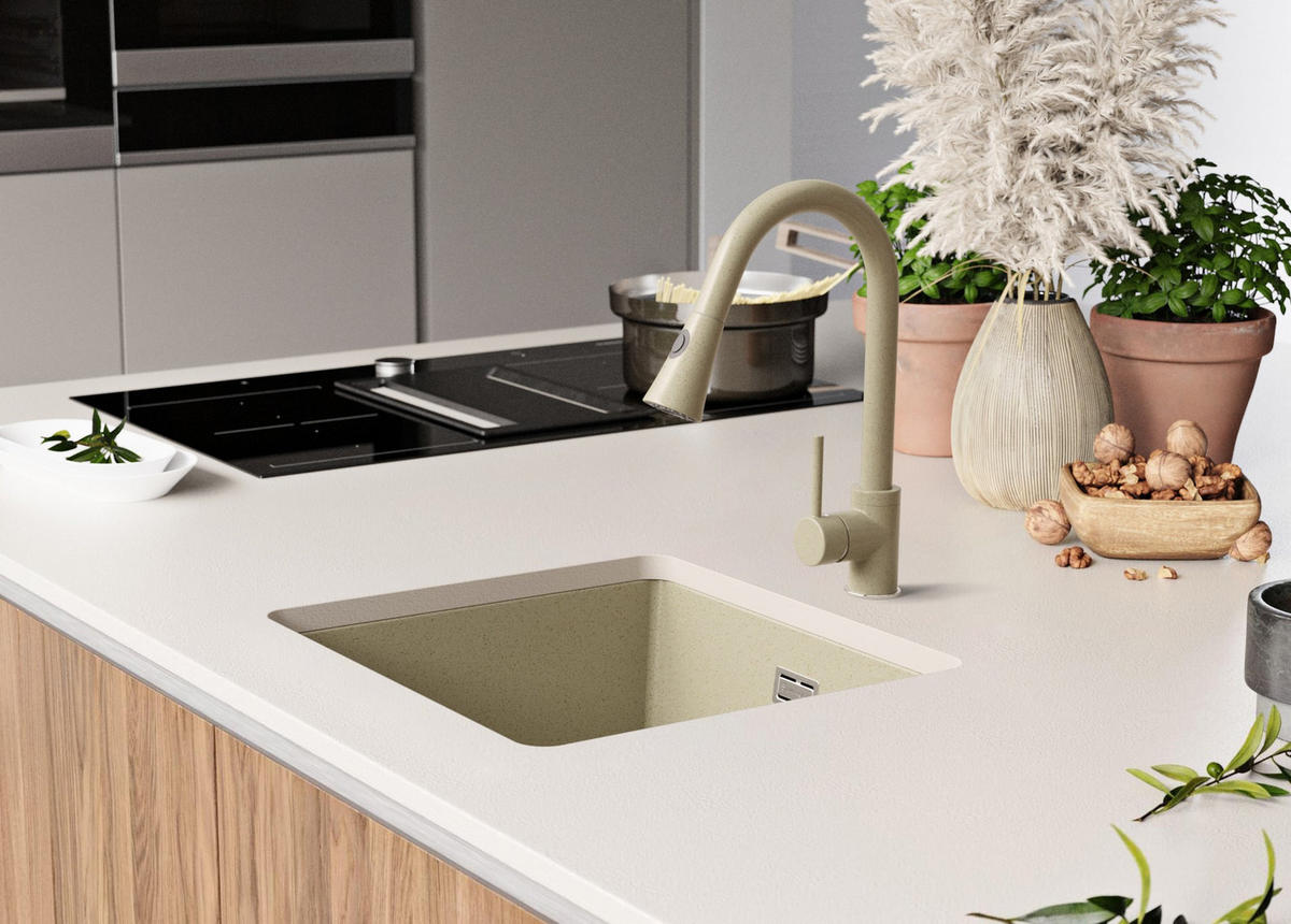 UNTERBAUSPÜLE GRANIT London, 2-er set Beige 46/47 cm 1 Becken + Ablauf-Set ab 50er Unterschrank - Chromfarben/Beige, Kunststoff (46/20/47cm) - Primagran