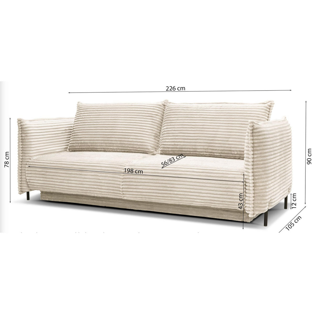 SOFA Amalfi Creme mit Schlaffunktion - Creme/Schwarz, Textil/Metall (226/90/105cm) - Selsey
