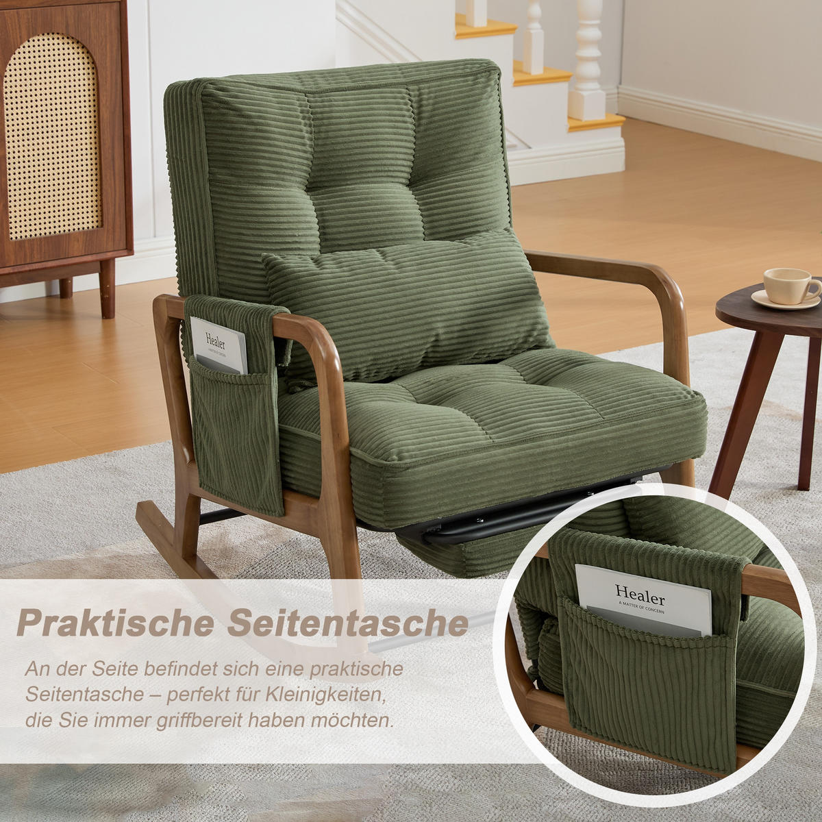 SCHAUKELSTUHL Grün Cord mit Fußstütze, Seitentaschen und verstellbarer Lehne - Grün, Textil (80/92/70cm) - Oxeza