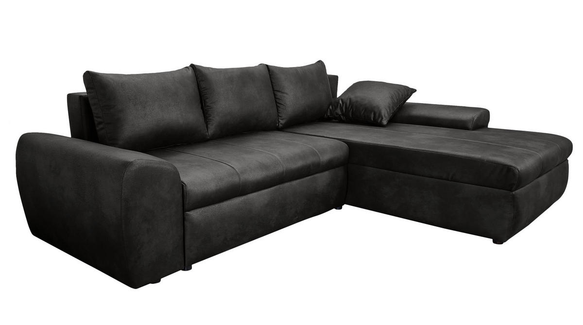ECKSOFA mit Schlaffunktion, Bettkasten, Wellenunterfederung, Ottomane rechts B266/T186/H90 cm, Mikrofaser Leder-Optik Vintage Schwarz / 18013 - Schwarz, Kunststoff/Textil (266/186cm) - luma-home