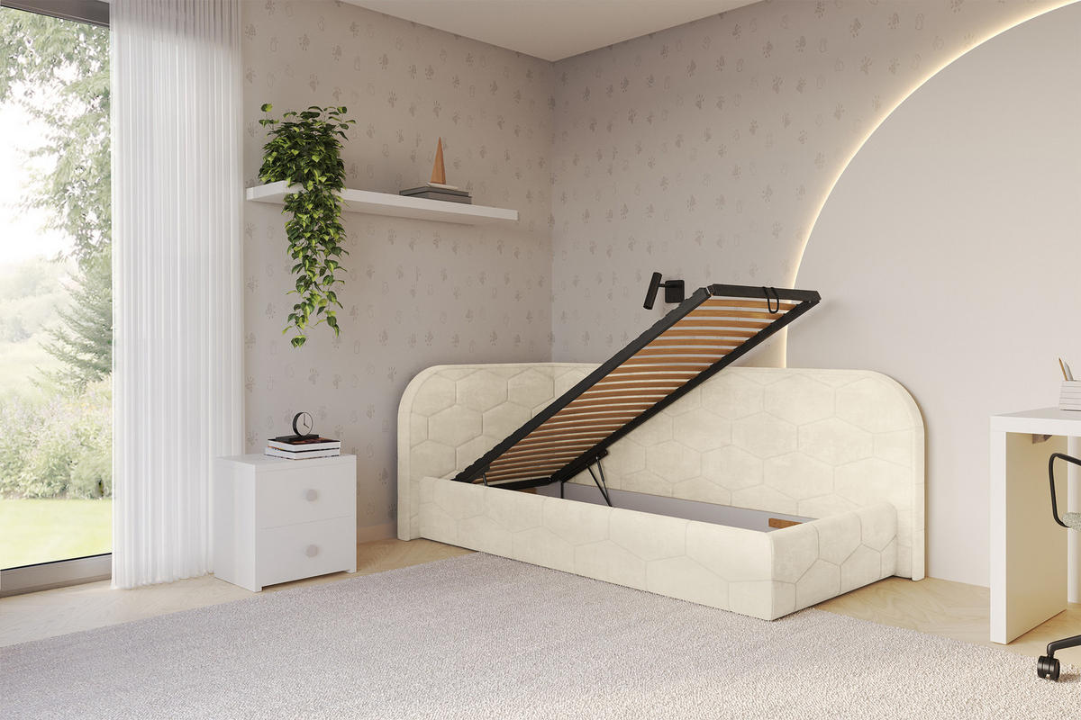 EINZELLBETT Jugendbett mit Bettkasten und Matratze H3/H4, Rechts - JAXY 90x200 Beige - Naturfarben, Holzwerkstoff/Textil (90/200cm) - ALTDECOR
