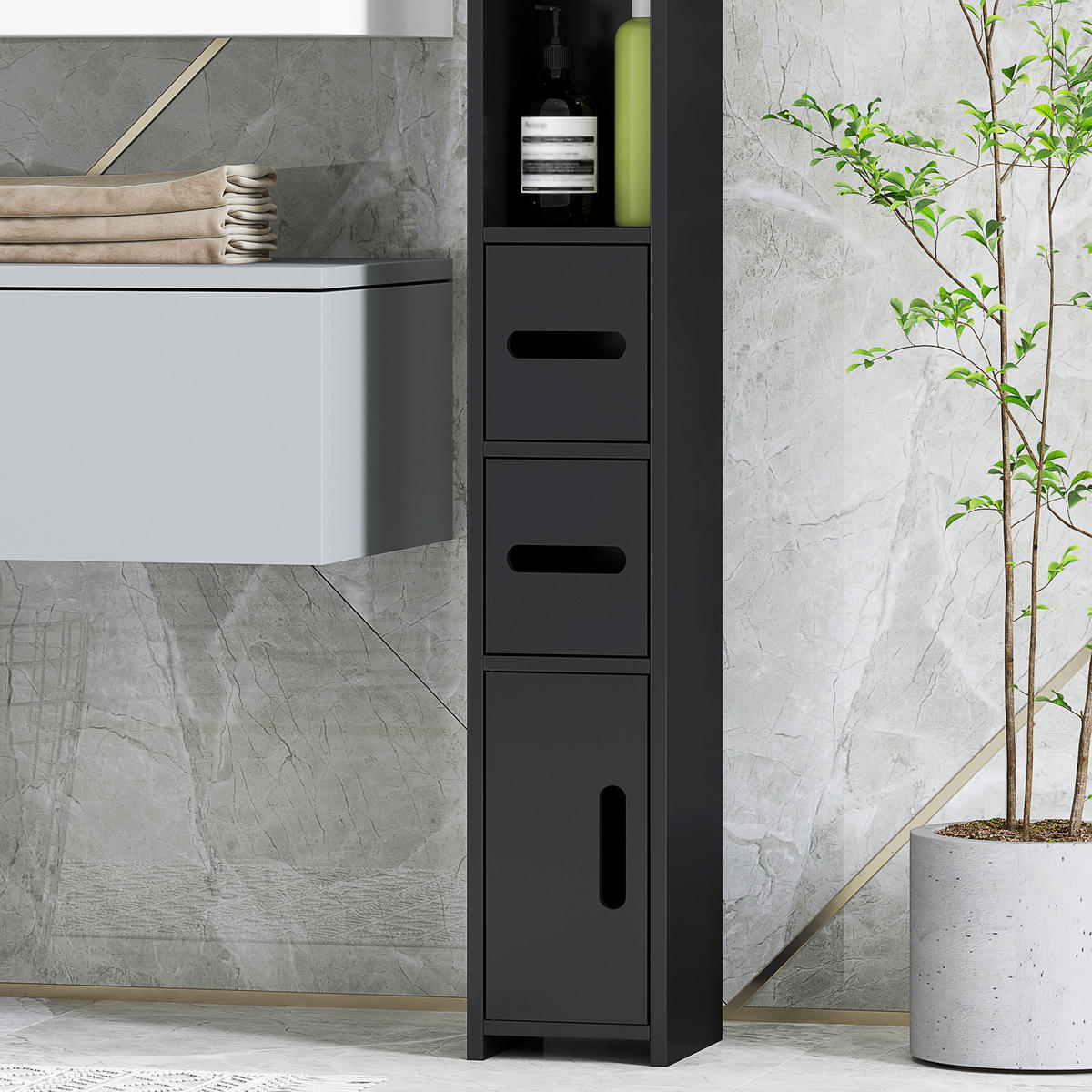 HOCHSCHRANK DE-12513 3 offene Fächer & 3 Schränke 15/17/120 cm Schwarz - Schwarz, Holzwerkstoff (17/120/15cm) - ComfortXL
