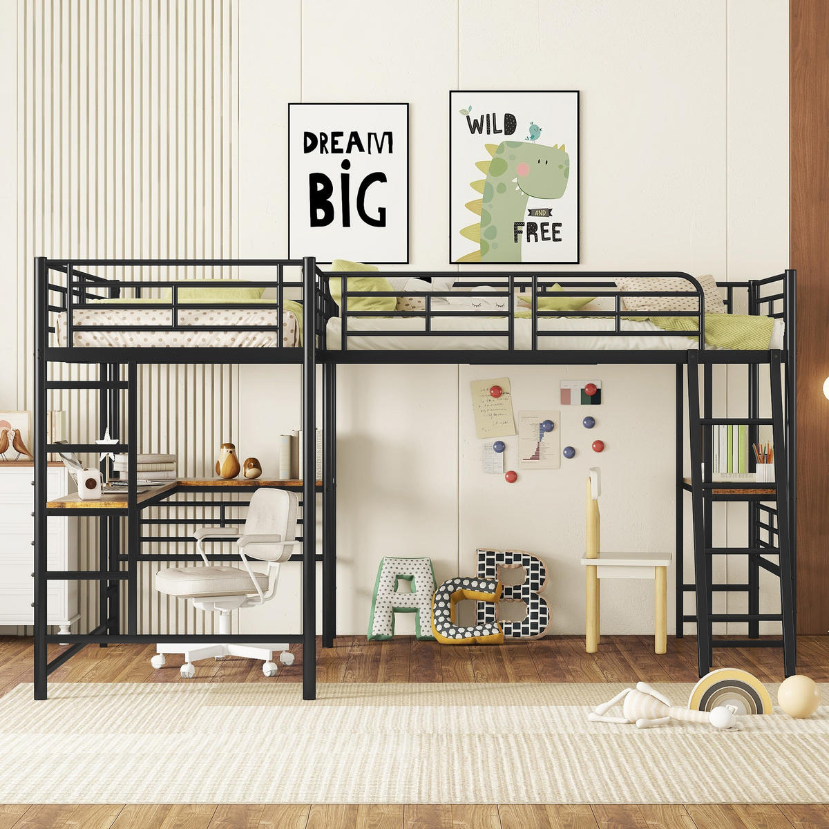 HOCHBETT 90x200cm Schwarz zwei Etagenbetten Tisch Doppeltreppe - Schwarz, Holz (90/200cm) - FLIEKS