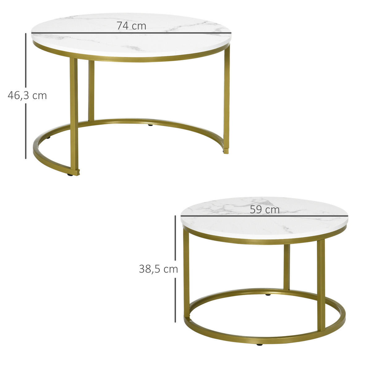 COUCHTISCH-SET Ø74/46,3 cm weiß mit stapelbarer 2er-Kombination aus Stahl und Spanholz - Weiß, Metall (74/74/46.3cm) - OKWISH