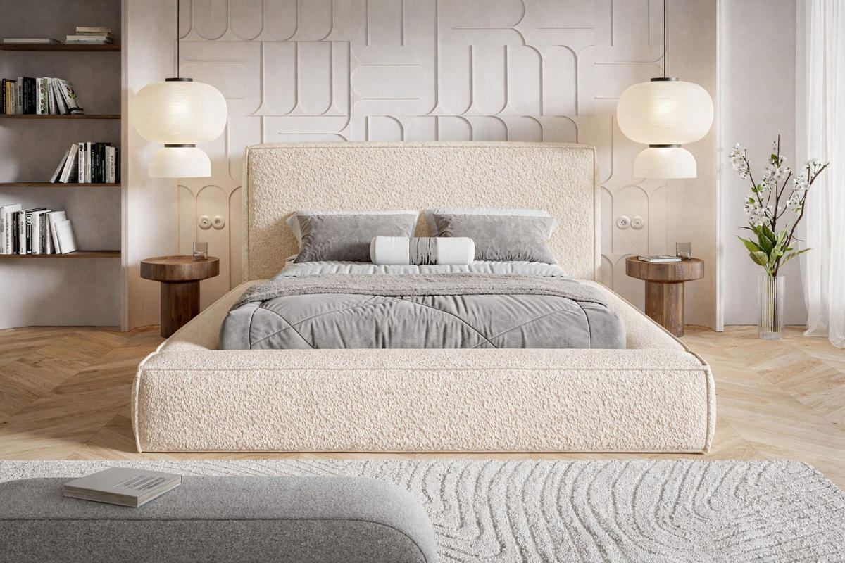 POLSTERBETT Boucle 180x200 Karano, Dicker Schaum, Bettkasten, Beige - Beige, Holz/Textil (180/200cm) - Emporius