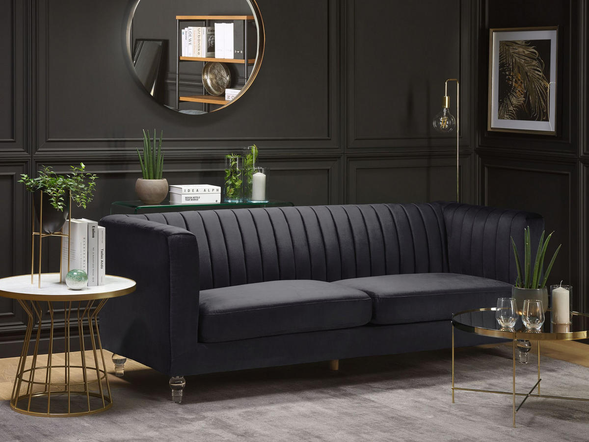 3-SITZER-SOFA Samtstoff Schwarz Arvika - Schwarz, Textil (204/75/78cm) - Beliani
