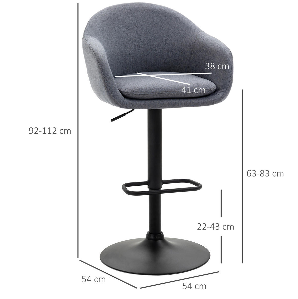 BARHOCKER höhenverstellbar drehbar 54 x 54 x 112 cm Steel Dark Gray - Dunkelgrau, Metall (54/112/54cm) - Meubliv
