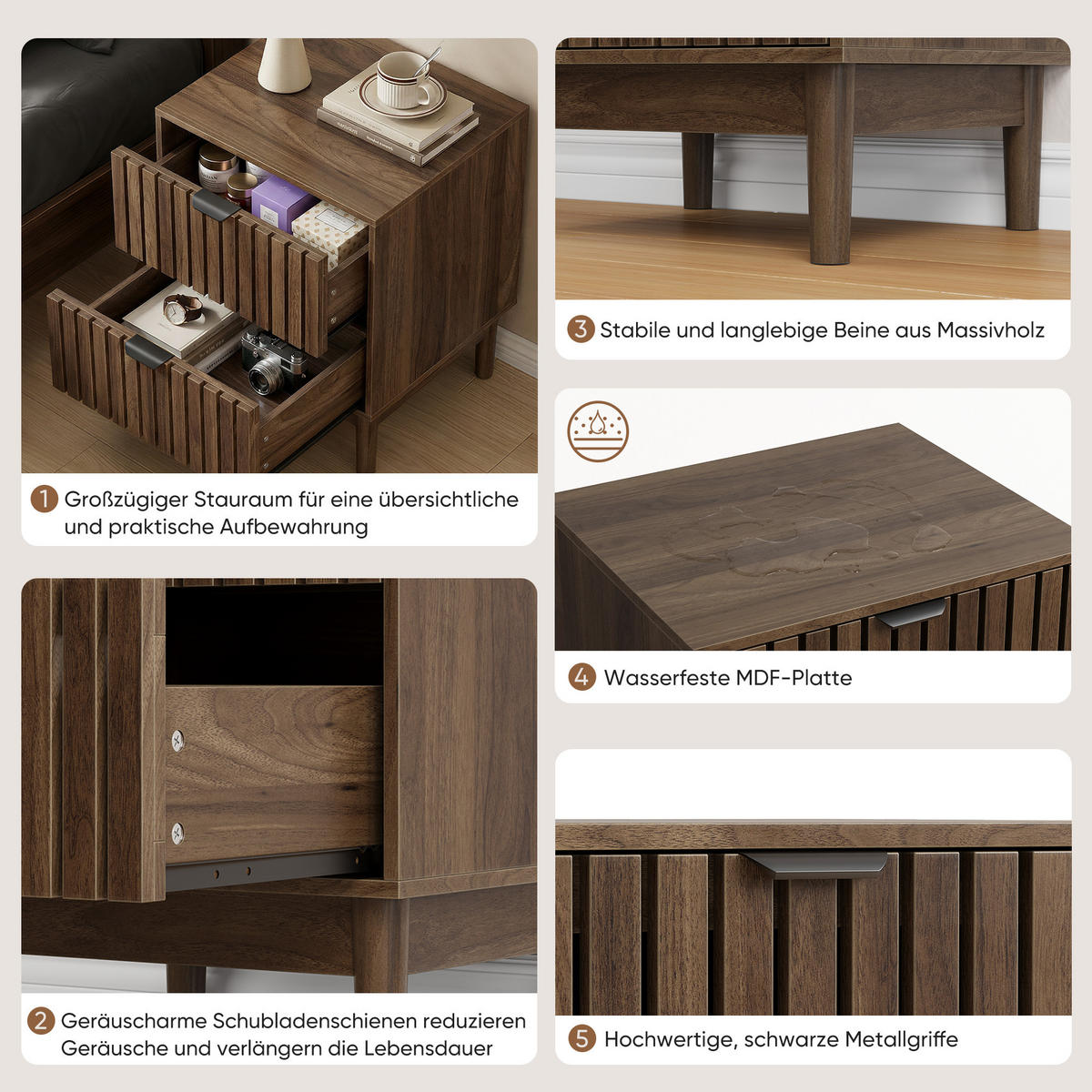 NACHTTISCH aus MDF und Holzwerkstoff 45x39x56,5 cm Walnuss mit 2 Schubladen und offenem Fach im Lattenrost-Design - Walnussfarben, Holzwerkstoff (45/56.5/39cm) - Modfu