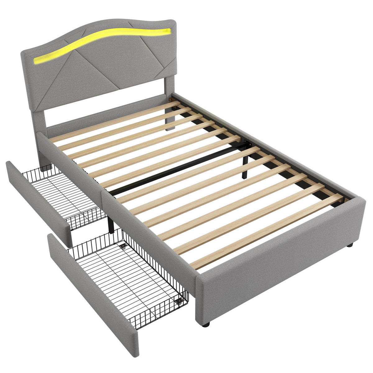 POLSTERBETT mit LED und 2 Schubladen 90x200 cm Leinen Grau - Grau, Metall (90/200cm) - Meubliv