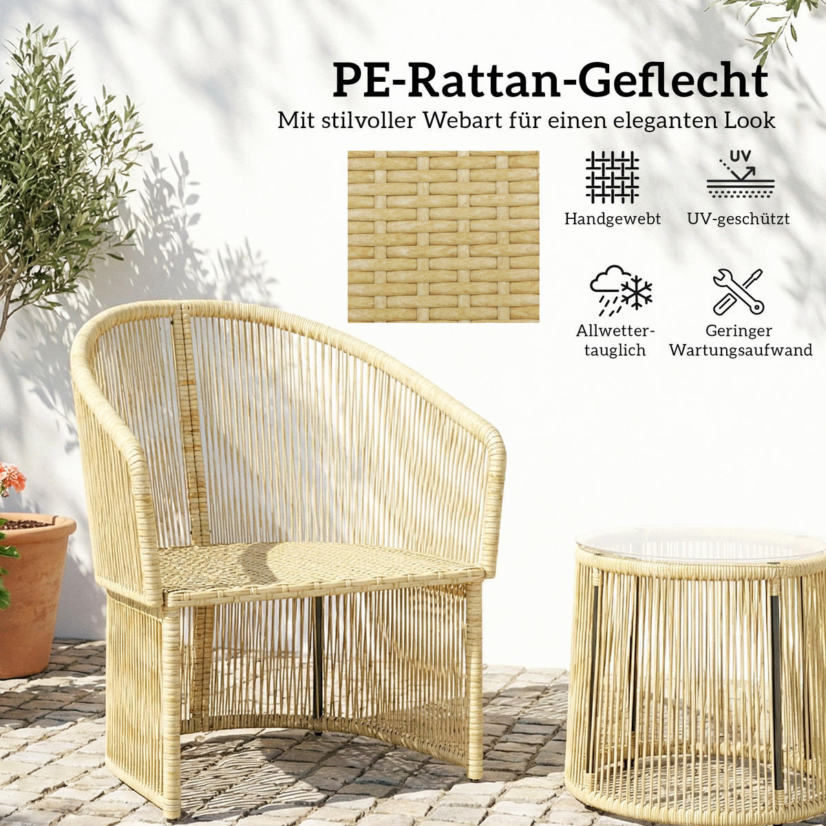 RATTAN-BISTRO-SET PE-Rattan Cremeweiß - Transparent/Creme, Kunststoff/Textil - Outsunny
