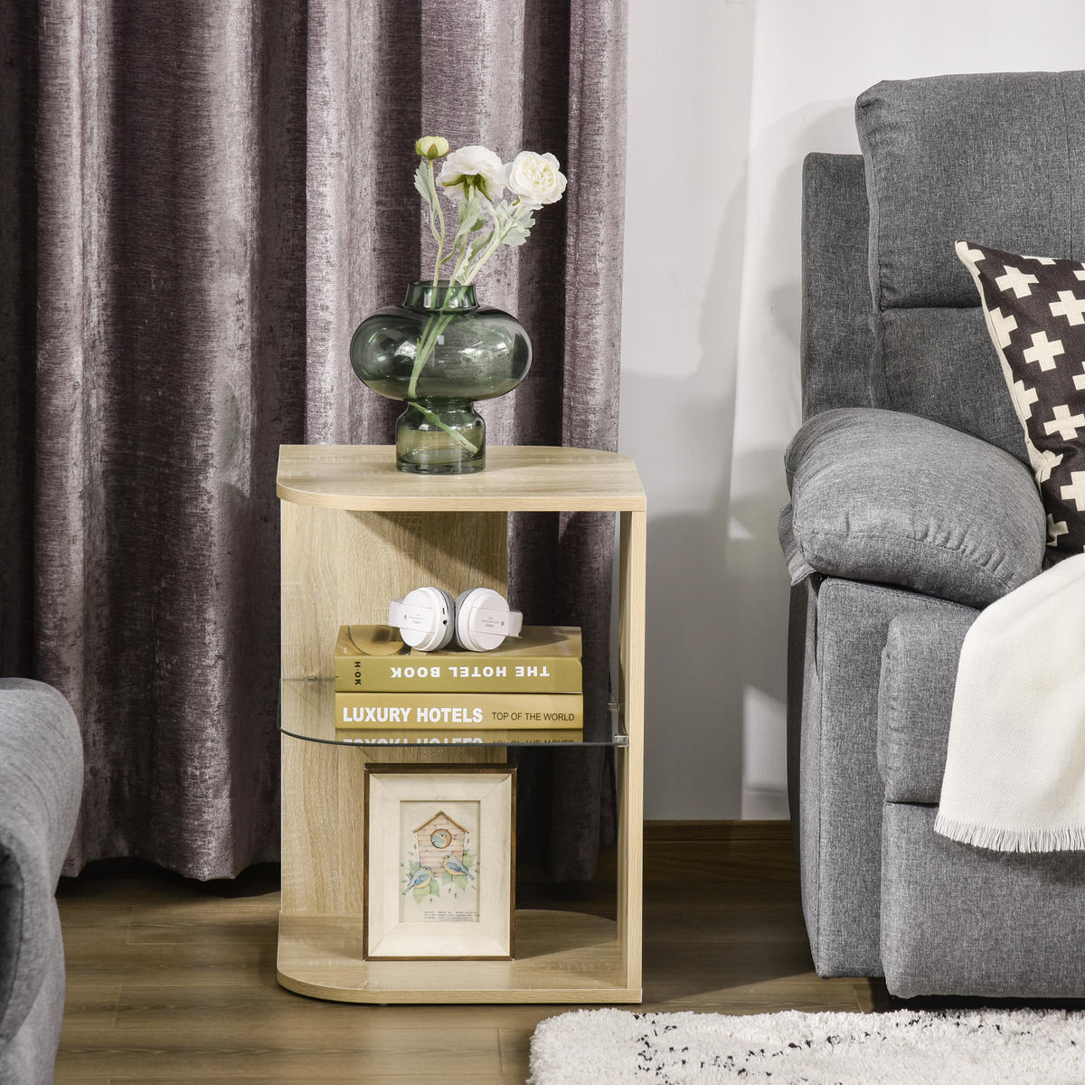 BEISTELLTISCH DE-15732 mit Glasablage Naturholz - Naturfarben, Holzwerkstoff (40/40/56cm) - ComfortXL